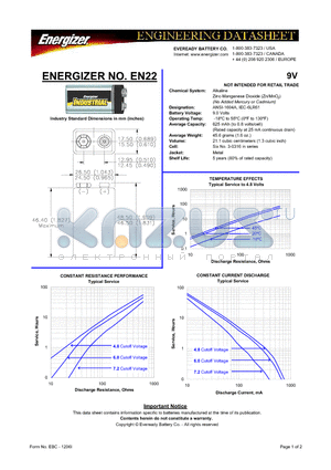 EN22 datasheet - 9.0 Volts 45.6 grams (1.6 oz.) 21.1 cubic centimeters (1.3 cubic inch)