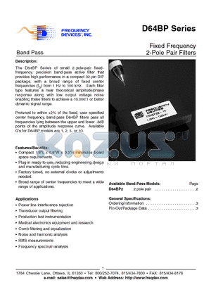 D64BP2/2 datasheet - Fixed Frequency 2-Pole Pair Filters