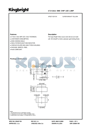 APE2712SYCK datasheet - 2.7x1.2mm SMD CHIP LED LAMP