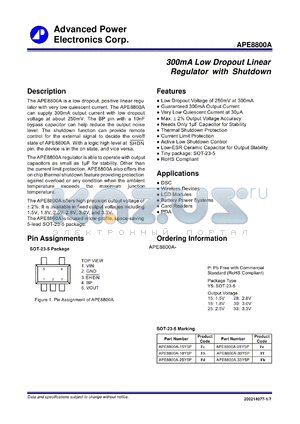 APE8800A-15Y5P datasheet - 300mA Low Dropout Linear Regulator with Shutdown