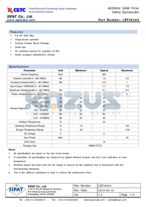 D65D datasheet - 465MHz SAW Filter 5MHz Bandwidth