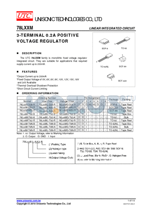 78LXXM-T92-K datasheet - 3-TERMINAL 0.2A POSITIVE VOLTAGE REGULATOR