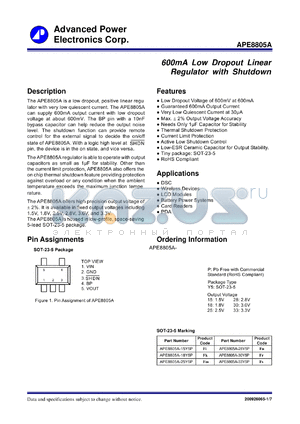 APE8805A-15Y5P datasheet - 600mA Low Dropout Linear Regulator with Shutdown