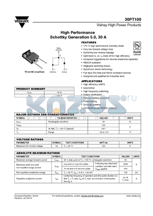 30PT100 datasheet - High Performance Schottky Generation 5.0, 30 A