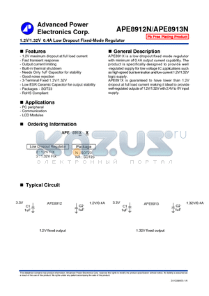 APE8912N datasheet - 1.2V/1.32V 0.4A Low Dropout Fixed-Mode Regulator