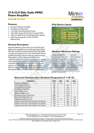 30SPA0553 datasheet - 27.0-32.0 GHz GaAs MMIC Power Amplifier