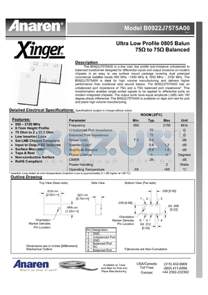 B0922J7575A00 datasheet - Ultra Low Profile 0805 Balun 75Y to 75Y Balanced