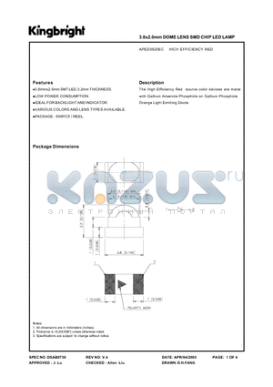 APED3820EC datasheet - 3.8x2.0mm DOME LENS SMD CHIP LED LAMP