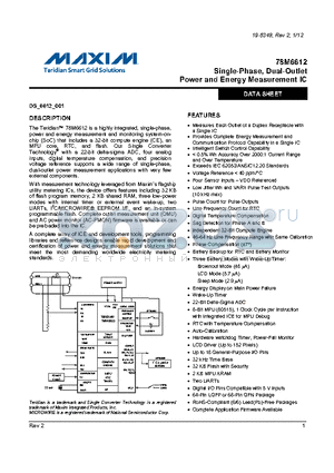 78M6612-IGTR/F datasheet - Single-Phase, Dual-Outlet Power and Energy Measurement IC
