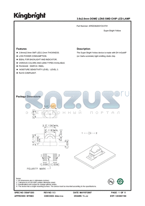 APED3820SYCK-F01 datasheet - 3.8x2.0mm DOME LENS SMD CHIP LED LAMP