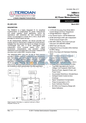 78M6613 datasheet - Four Sensor InputsV3P3A Referenced 32KB Flash with Security