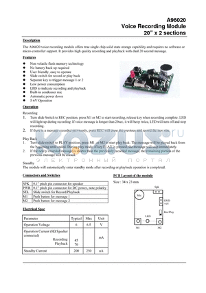 A96020 datasheet - Voice Recording Module 20 x 2 sections