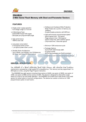 EN25B20-50VIP datasheet - 2 Mbit Serial Flash Memory with Boot and Parameter Sectors