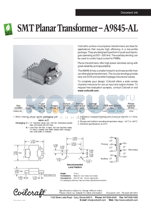 A9845-AL datasheet - SMT Planar Transformer