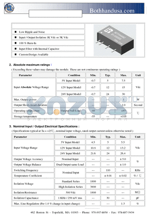 B1-0505S01 datasheet - B1-Sil Series 1 Watt Isolated DC-DC Converter