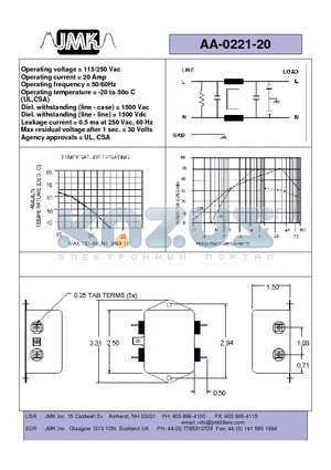 AA-0221-20 datasheet - Operating voltage = 115/250 Vac Operating current = 20 Amp