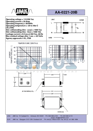 AA-0221-20B datasheet - Operating voltage = 115/250 Vac Operating current = 20 Amp