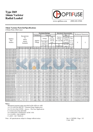 D6921ZOV750RA06 datasheet - 14mm Varistor Radial Leaded