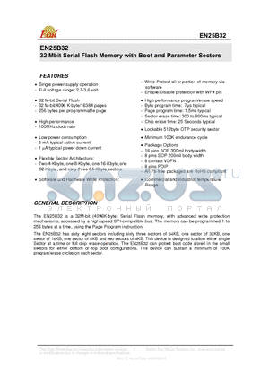 EN25B32T-100FCP datasheet - 32 Mbit Serial Flash Memory with Boot and Parameter Sectors