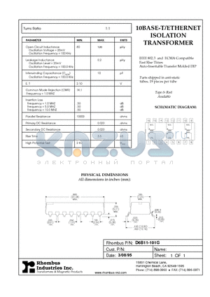 D6B11-101G datasheet - 10BASE-T/ETHERNET 10BASE-T/ETHERNET TRANSFORMER