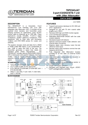 78P2343-IEL/A07 datasheet - 3-port E3/DS3/STS-1 LIU with Jitter Attenuator