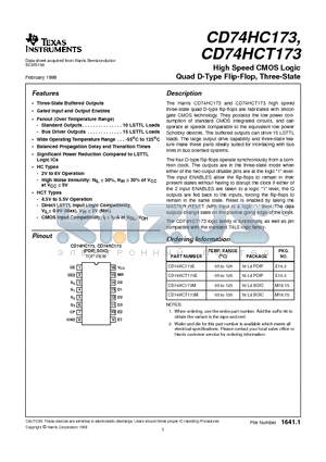 CD74HCT173 datasheet - High Speed CMOS Logic Quad D-Type Flip-Flop, Three-State