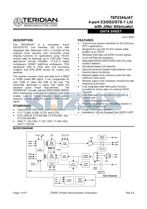 78P2344JAT-IEL datasheet - 4-port E3/DS3/STS-1 LIU with Jitter Attenuator