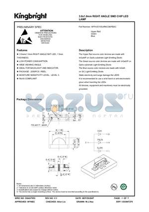 APFA3010SURKCGKPBAC datasheet - 3.0x1.0mm RIGHT ANGLE SMD CHIP LED LAMP