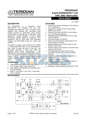 78P2344JAT datasheet - 4-port E3/DS3/STS-1 LIU with Jitter Attenuator