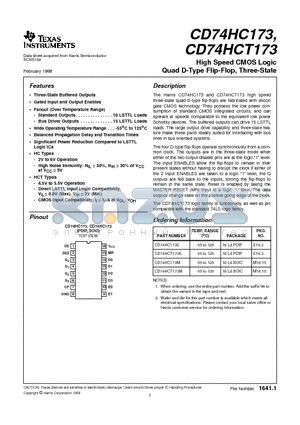 CD74HCT173E datasheet - High Speed CMOS Logic Quad D-Type Flip-Flop, Three-State