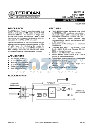 78P2351R datasheet - Serial 155M NRZ to CMI Converter