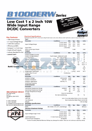 B1000ERW datasheet - Low Cost 1 x 2 Inch 10W Wide Input Range DC/DC Converters
