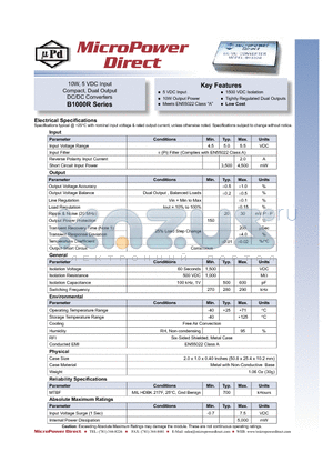 B1000R datasheet - 10W, 5 VDC Input Compact, Dual Output DC/DC Converters