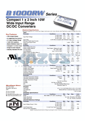 B1000RW datasheet - Compact 1 x 2 Inch 10W Wide Input Range DC/DC Converters