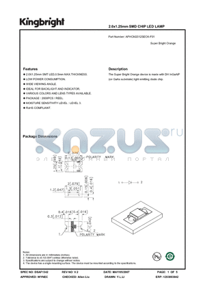 APHCM2012SECK-F01 datasheet - 2.0x1.25mm SMD CHIP LED LAMP