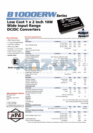 B1006ERW datasheet - Low Cost 1 x 2 Inch 10W Wide Input Range DC/DC Converters