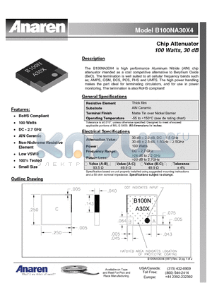 B100NA30X4 datasheet - Chip Attenuator 100 Watts, 30 dB
