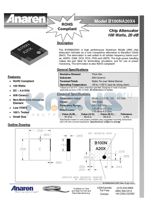 B100NA20X4 datasheet - Chip Attenuator 100 Watts, 20 dB