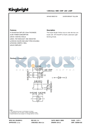 APHHS1005SYCK datasheet - 1.0X0.5mm SMD CHIP LED LAMP