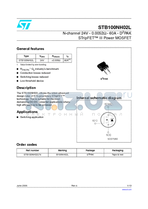 B100NH02L datasheet - N-CHANNEL 24V - 0.0052ohm - 60A D2PAK STripFET TM III POWER MOSFET