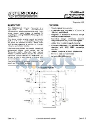 78Q8392L datasheet - Low Power Ethernet Coaxial Transceiver