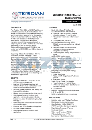 78Q8430 datasheet - 10/100 Ethernet MAC and PHY