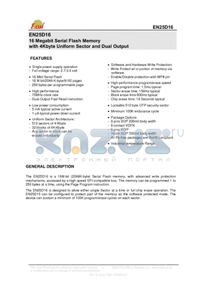 EN25D16-75HI datasheet - 16 Megabit Serial Flash Memory