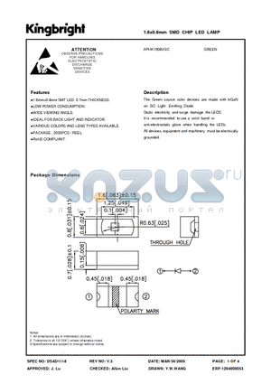 APHK1608VGC datasheet - The Green source color devices are made with InGaN on SiC Light Emitting Diode.