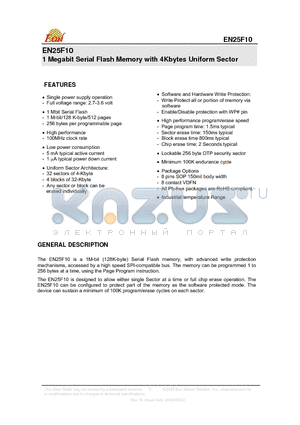 EN25F10 datasheet - 1 Megabit Serial Flash Memory with 4Kbytes Uniform Sector