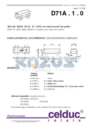 D71A2110 datasheet - DUAL IN LINE REED RELAY / 1 normally open contact ( low profile )