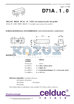 D71A6100 datasheet - DUAL IN LINE REED RELAY / 1 normally open contact ( low profile )