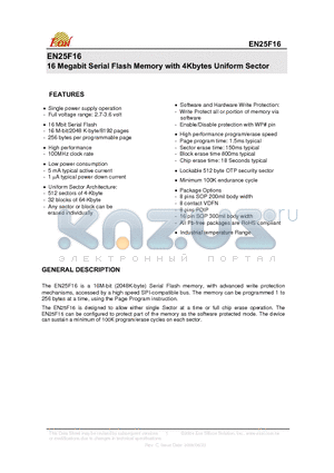 EN25F16-100QI datasheet - 16 Megabit Serial Flash Memory with 4Kbytes Uniform Sector