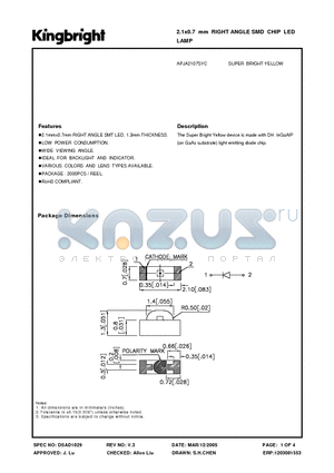 APJA2107SYC datasheet - 2.1x0.7 mm RIGHT ANGLE SMD CHIP LED LAMP