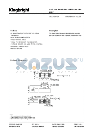 APJA2107SYCK datasheet - 2.1x0.7mm RIGHT ANGLE SMD CHIP LED LAMP